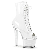 Pleaser SPECTATOR-1021 White Pat-Clear-White 7 Inch (178mm) Heel, 3 Inch (76mm) Textured Platform Open Toe Lace-Up Front Ankle Boot, Inside Zip Closure